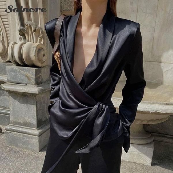 

women's two piece pants satin blazer suit 2 women 2021 fashion irregular lace-up wrap blazers wide legs ladies office elegant black out, White