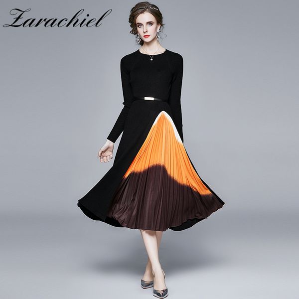 

runway autumn winter women fashion gradient color pleated sweater dress elegant long sleeve ol midi knitted dresses with belt 210416, Black;gray