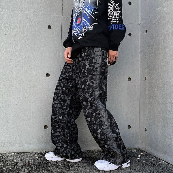 

men's jeans harajuku retro cashew flower pants mens loose straight wide leg denim trousers streetwear patchwork casual, Blue