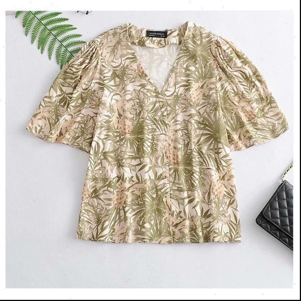 

women womens blouses tropical leaves print casual smock blouse ladies v neck puff sleeve breasted shirt chic blusas, White