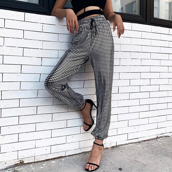 

women's pants & capris fashion women high waist sweatpants elegant bling plaid checkerboard harem ladies loose trousers streetwear, Black;white