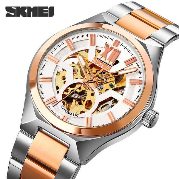 SKMEI Orologio automatico di marca Orologio da uomo al quarzo in acciaio inossidabile di moda Orologio da polso meccanico con scheletro cavo per uomo 2021 Nuovo Q0902