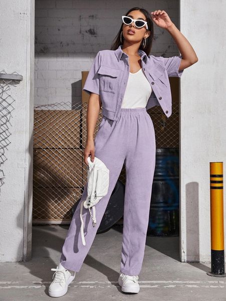 

corduroy flap pocket blouse & pants t3xd#, White