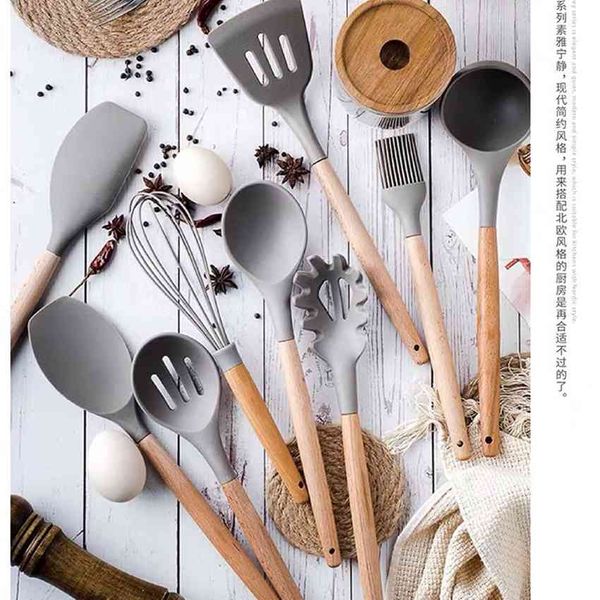 

wood new 10 piece handle silicone high temperature resistant spatula set of kitchenware