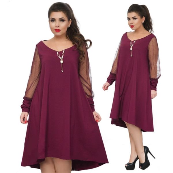 

lossky plus big size mesh patchwork dress women sheer autumn spring mum vintage party es casual loose 210507, Black;gray