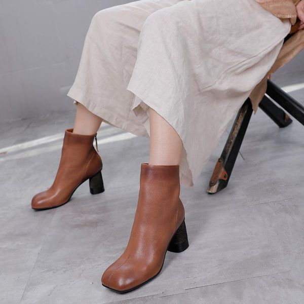 

boots 2021autumn winter heel short women's high authentic leather square head solid color fashion thin1, Black