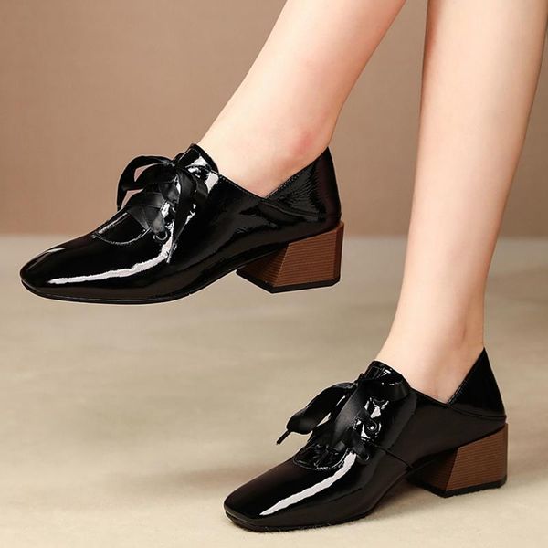 

dress shoes ins women genuine leather 22-26 cm length pumps soft wrinkle patent female+shoes ribbon lace bridal, Black