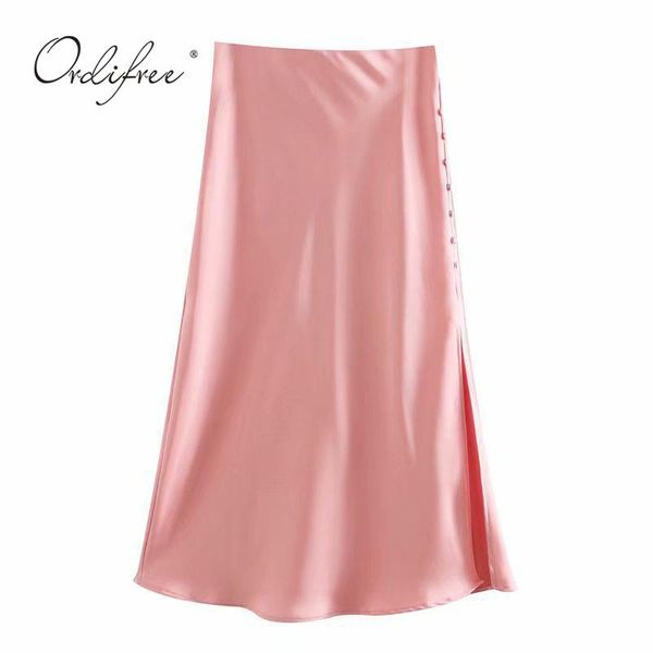 

skirts ordi2021 summer women satin skirt hight waist side slit botton office lady elegant silk midi, Black