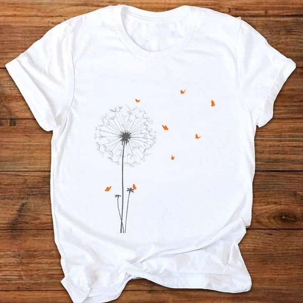 

graphic dandelion printing fashion women t shirts short sleeve print clothes tees female shirt womens, White