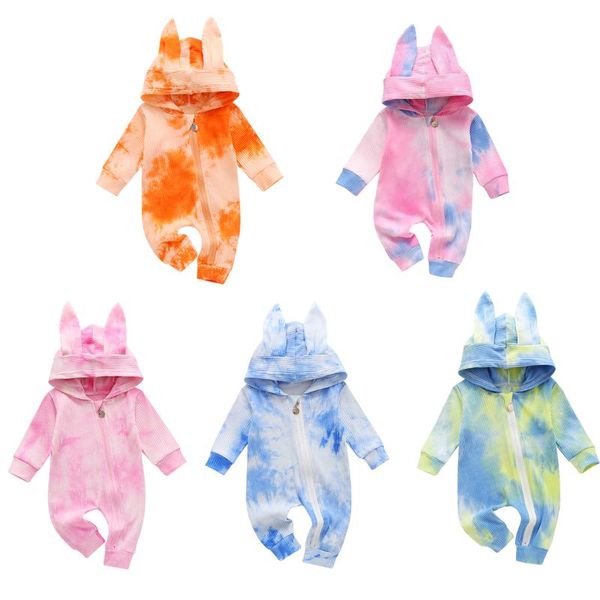 

infant baby girl 0-24m cotton romper, long sleeve tie dye print zip up jumpsuit with cute ears hood jumpsuits, Blue