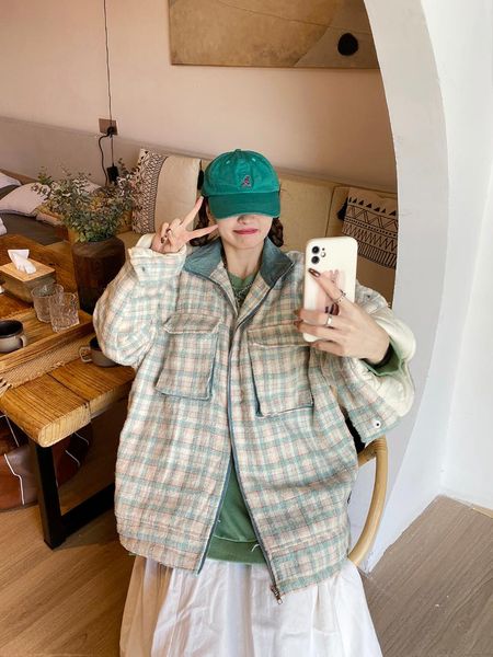 

women's jackets wool cotton jacket winter simple loose casual lattice couple's coats fashion, Black;brown