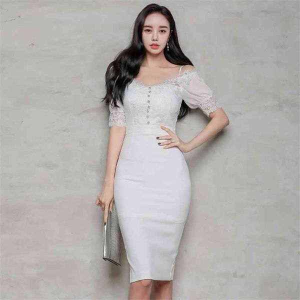 

summer style korean fashion temperament v neck sling dress lacespliced split slim thin office party for women dresses 210602, Black;gray