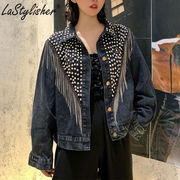 

women's jackets rivet tassel denim jeans jacket long sleeve fashion vintage ladies demin women black jean spring autumn, Black;brown