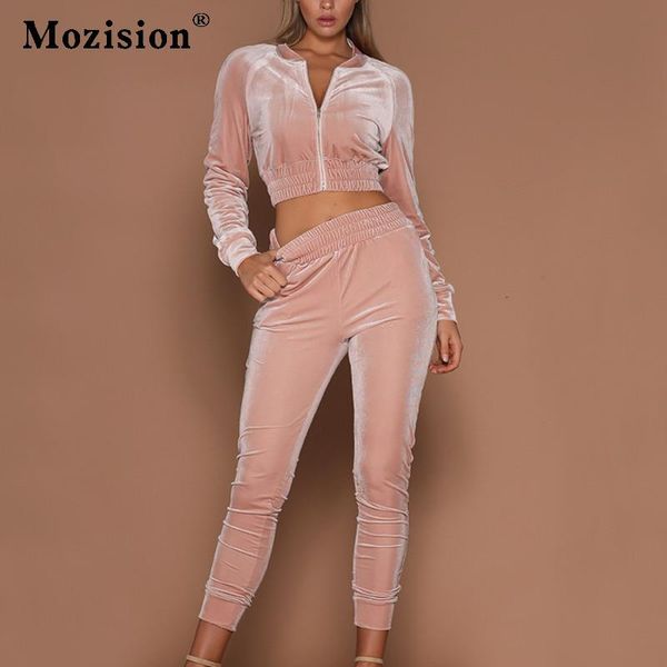 

women's two piece pants mozision velvet sweatshirt trouser set women 2021 autumn zipper long sleeve coat and sets ladies casual slim tr, White
