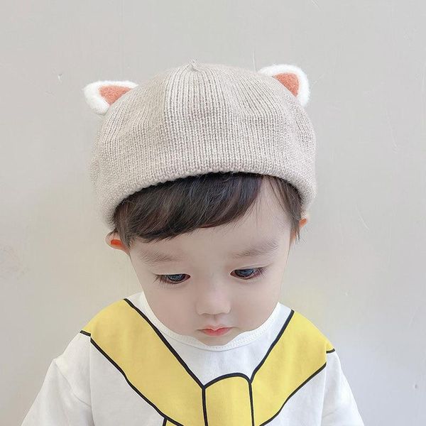 

caps & hats autumn winter baby beret hat with ears warm knitted children beanie girl boy soft elastic kids bonnet accessories, Yellow