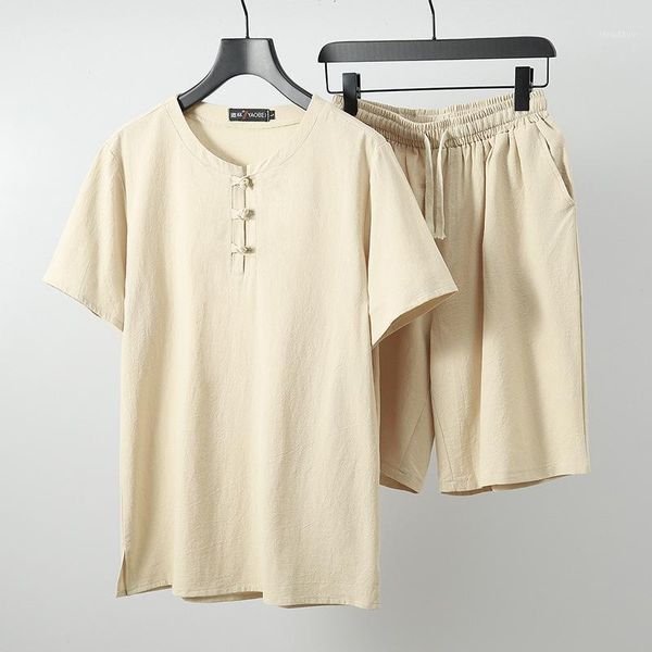 

summer men pajamas home wear sleep short sleeve tshirt and shorts japan style button linen cotton plus size clothing men's sleepwear, Black;brown
