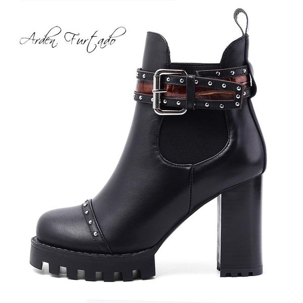 

boots arden furtado 2021 spring autumn chunky heels genuiner lather ankle ladies matin, Black