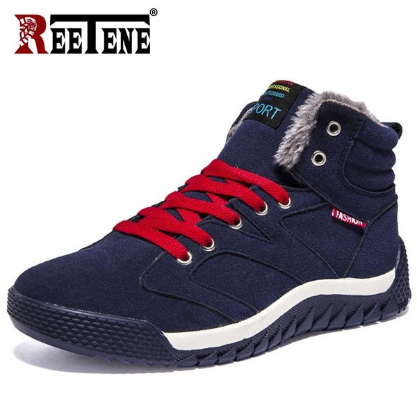 

boots reetene men winter shoes fashion footwear with warm plush male casual sneakers lace-up men's ankle, Black