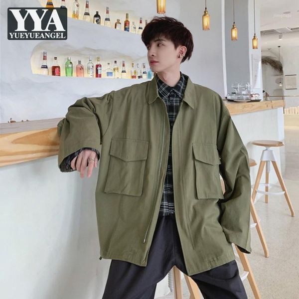 

japanese harajuku casual cargo coat men vintage pocket loose fit black army green jacket male streetwear spring autumn outerwear men's, Black;brown