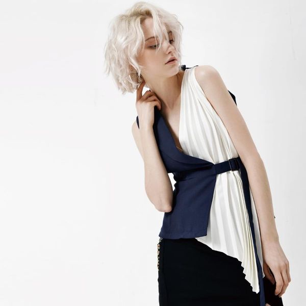

women's vests johnature women vest office lady irregular pleat splicing v-neck retractable waist waistcoat 3 color sleeveless fashion, Black;white