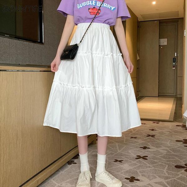 

solid fungus elastic waist loose womens skirt ruched midi student harajuku simple fashion casual ins kawaii japanese daily, Black