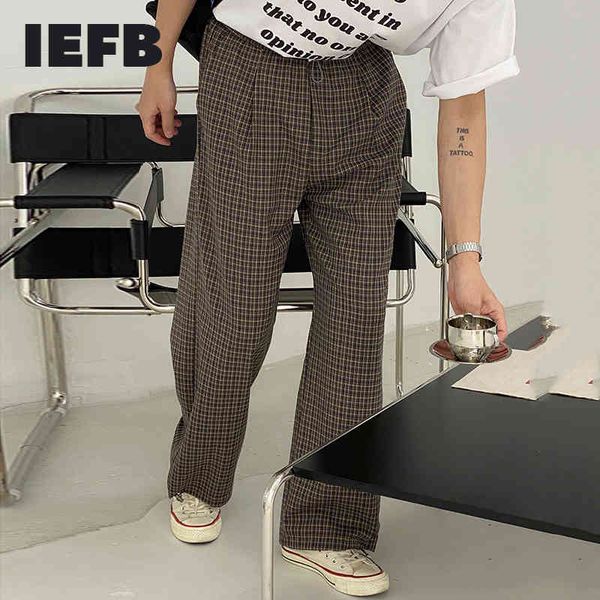 

iefb korean plaid high waist casual pants for men spring summer vintage wide leg causal trousers elastic bottoms 9y7416 210524, Black