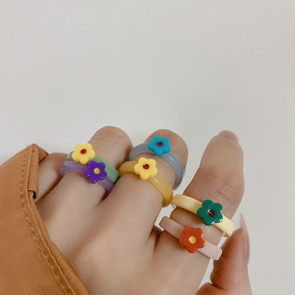 

simple band rings niche design fashion candy colors flower matching joint-ring retro unique diamond acrylic resin color stackable non-fading, Silver