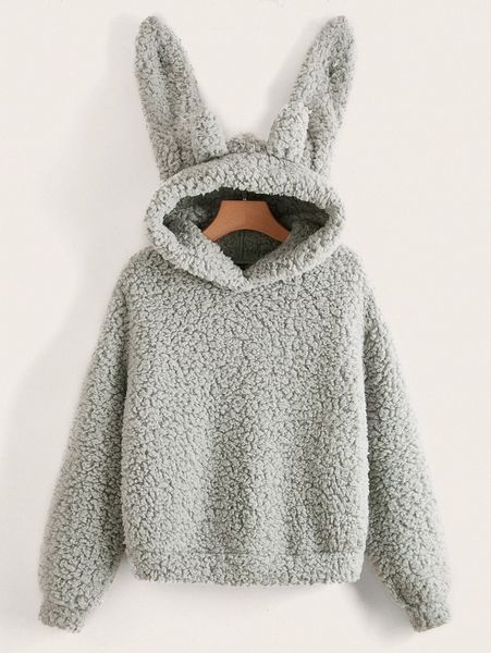 

solid teddy hoodie with rabbit ear o2o9#, White;black