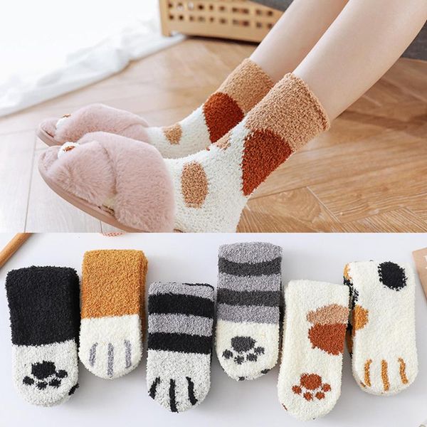 

christmas decorations 1 pair of plush coral fleece socks cute cat female tube warm sleeping floor autumn and winter sleep for lady d