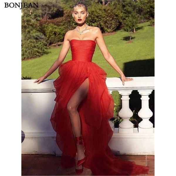 

evening dresses red a-line strapless prom dress floor length side split tulle gowns custom made vestido de noche, Black;red