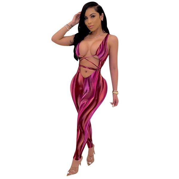 

women's jumpsuits & rompers summer 2021 sleeveless print lace-up street jumpsuit nightclub party, Black;white