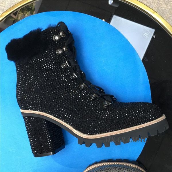 

boots high heel crystal combat bling natural fur snow round toe front lace up rivet cowboy shoes women short, Black
