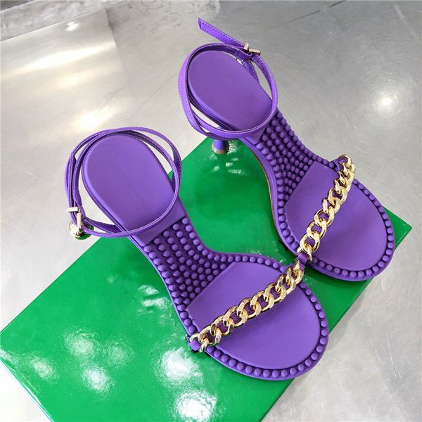 

spring and summer high heel sandals round toe ankle strap ball decor ladies slides high-heels metal chain sandals for women high-en quality, Black