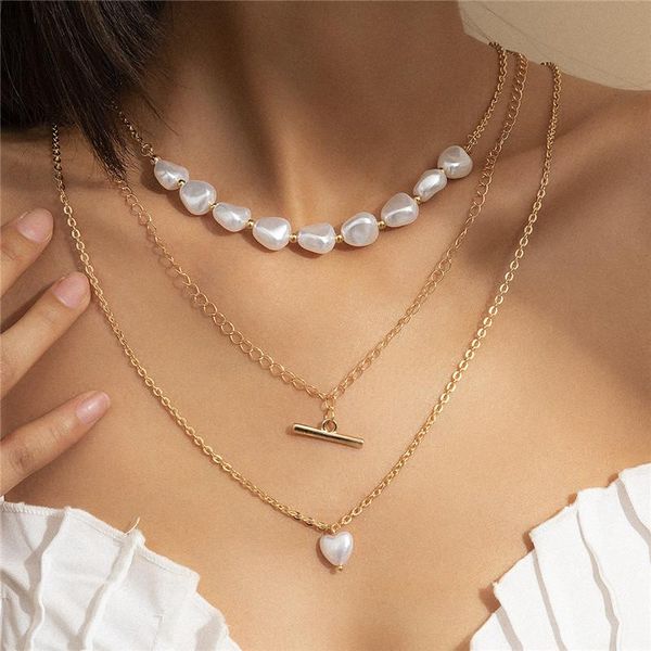 

multi layer pearl heart pendant necklace punk a word alloy thin clavicle chain women dress sweater party gold necklaces jewelry accessories, Silver