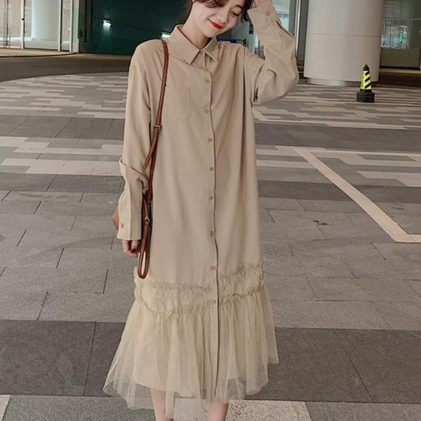 

casual dresses fashion tide autumn temperament women loose plus solid color stitching mesh fishtail dress tc733, Black;gray