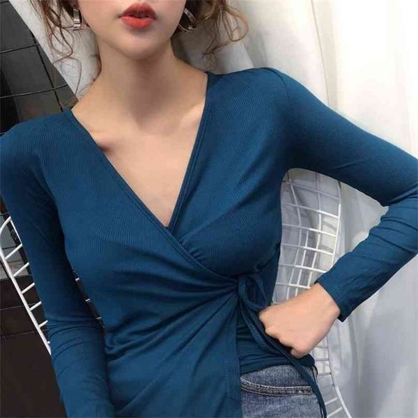 

lady v-neck long-sleeved t-shirt women's autumn fashion slim solid color shirt clothings mujer camisetas p030 210527, White