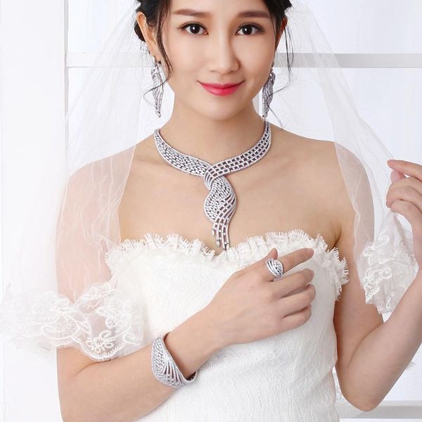 

earrings & necklace large luxury 4pcs sets for wedding party rhodium plate full crystal necklace+bracelet+earrings+ring big jewelry set brid, Silver