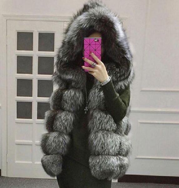 

women's fur & faux gamporl mink clothes long sleeveless hooded vest fashion ladies thick warm autumn and winter fluffy, Black
