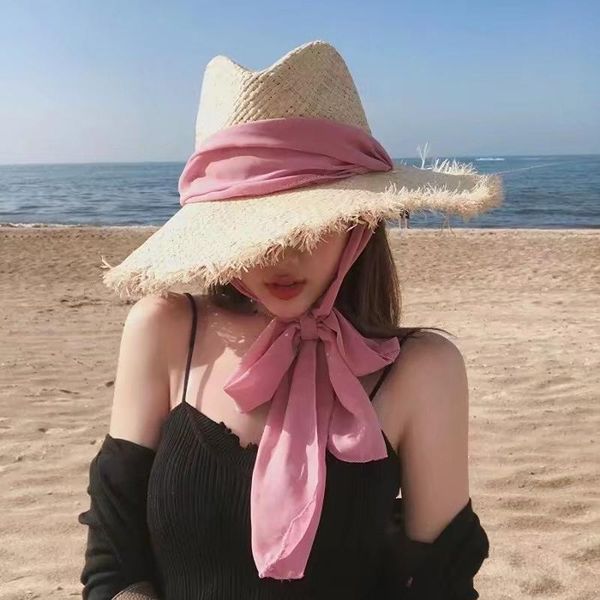 

wide brim hats &dolphin women summer beach hat black pink chiffon ribbon bohemia big jazz raffia burr vintage seaside, Blue;gray