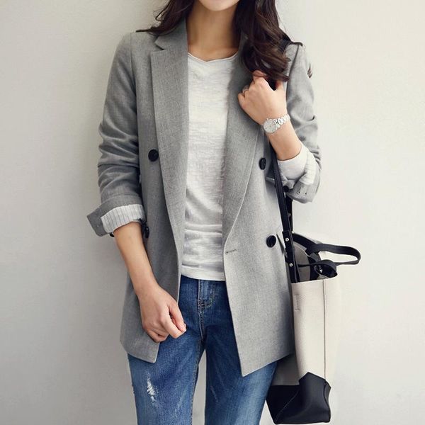 

fashion notched collar double breasted women jacket blazer female casual suit coat autumn outerwear soft women's suits & blazer, White;black