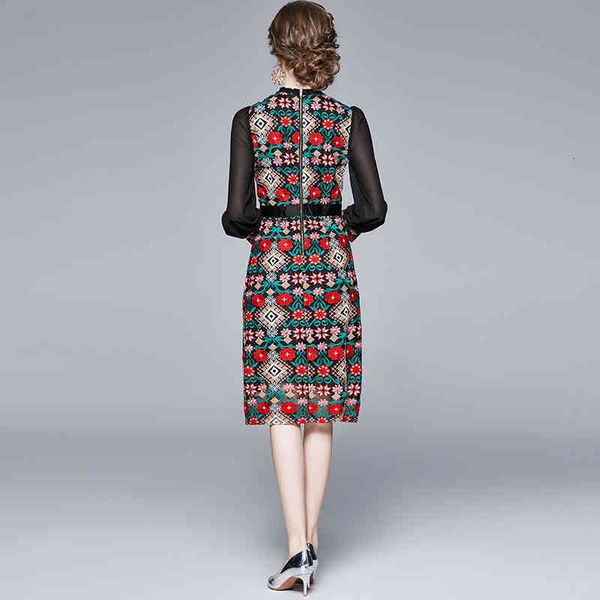 

dresses runway spring autumn party events women stand neck hollow out lace embroidery long sleeve bodycon vintage, Black;gray