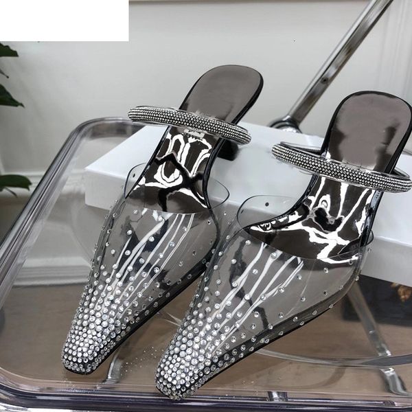 

sandals pointed toe clear pvc slippers women shallow mouth polka dot crystal summer party dress shoes lazyman mules for ladies ojy, Black