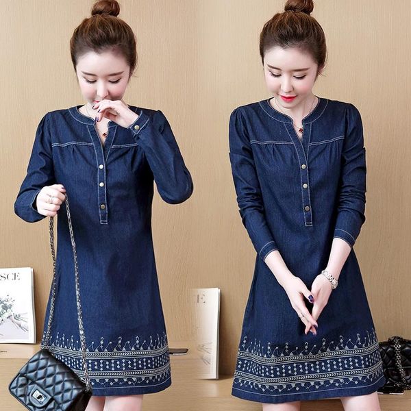 

casual dresses spring autumn women plus size fashion v-neck slim hem embroidery jeans dress for larger denim one-piece, Black;gray