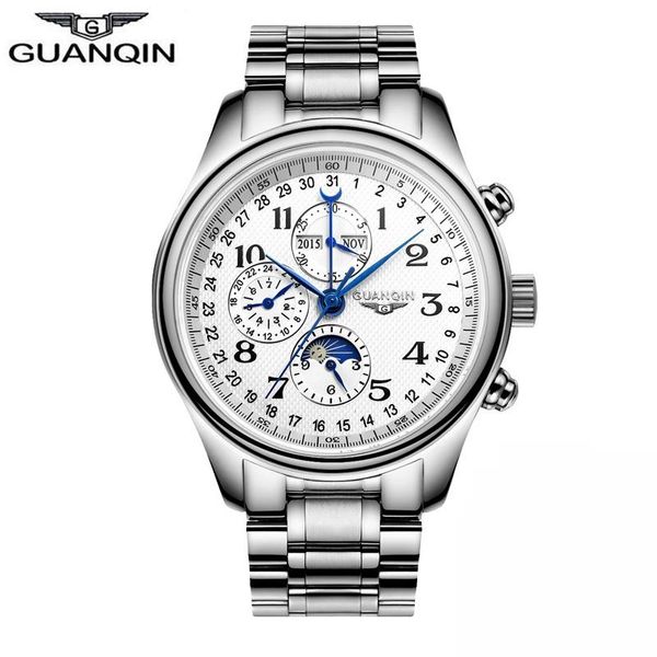 

men mechanical sapphire watches guanqin gq20022 luxury brand waterproof automatic wristwatch 316l stainless steel leather wristwatches, Slivery;brown