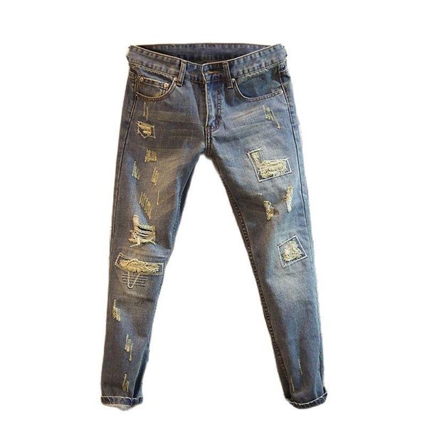 

summer nine-point jeans retro slim men's korean style pants, Blue
