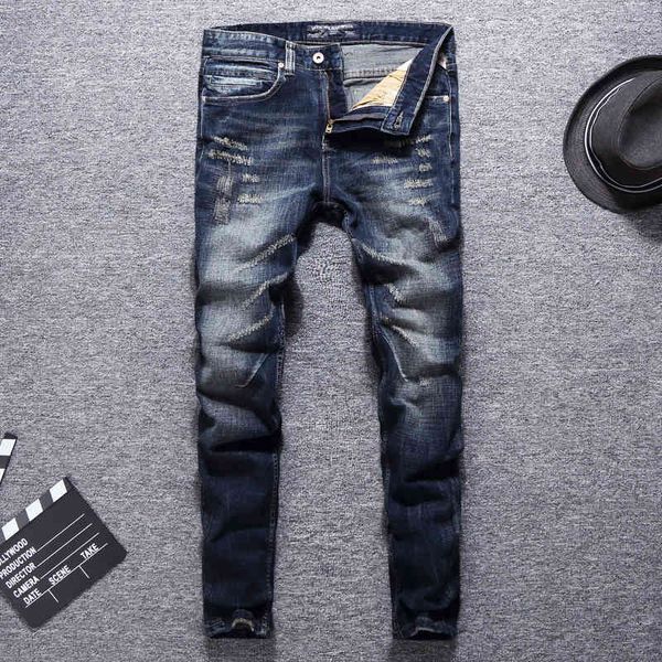 

men's jeans italian vintage fashion men slim fit scratch ripped cotton denim pants streetwear hip hop homme zxof, Blue