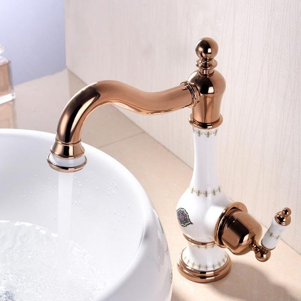 

bathroom sink faucets all copper rose gold european style ceramic single handle short body washbasin basin head hole cold and fauce tap