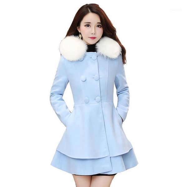 

women's wool & blends 2021 winter woolen jacket female medium long hooded skirt coat ladies large fur collar coats clothing1, Black