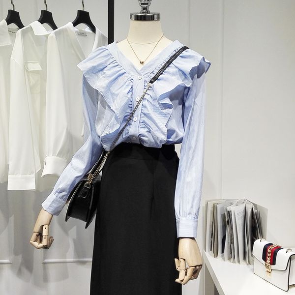 

solid colour stripes shirt for women 2021 spring new v-neck ruffle blouse loose korean style fashion straight casual blusas, White