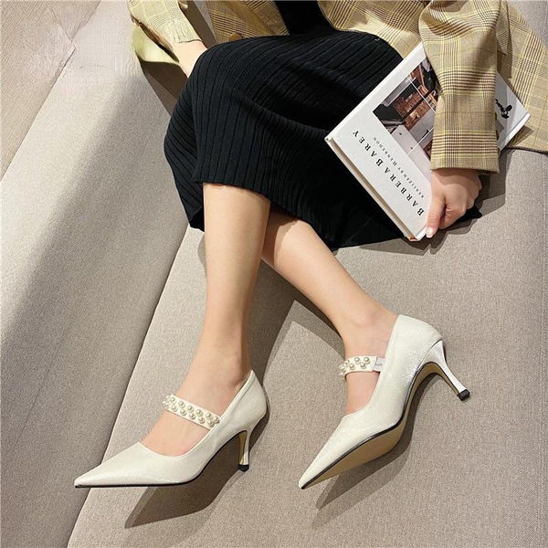 

dress shoes niufuni white elegant wedding women's 2021 pointed beige pearls beaded silk hollow stiletto high heels rivet slip-on, Black